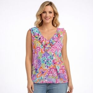 Lauren Ralph Lauren Floral Ruffle Top Size L | 100% Cotton Sleeveless Blouse